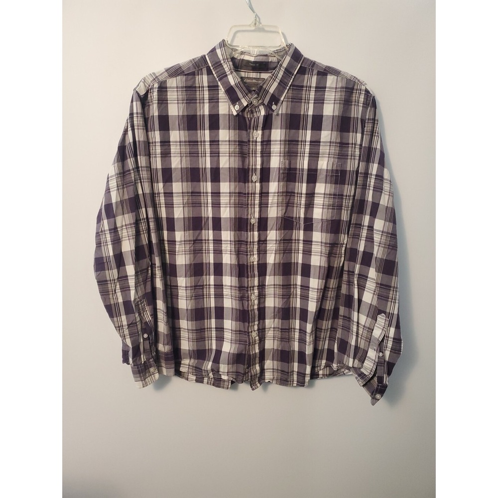 Eddie Bauer Classic Fit Mens XL Purple Plaid Long Sleeve Button Front Shirt